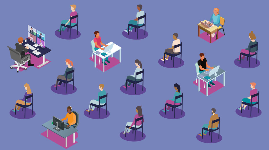 Illustration of people at desks and sitting in chairs in a hybrid event